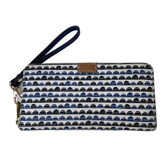 FOSSIL EMMA RFID Zip Around Continental Wallet Wristlet Blue Tan Cream Pattern - Picture 1 of 11